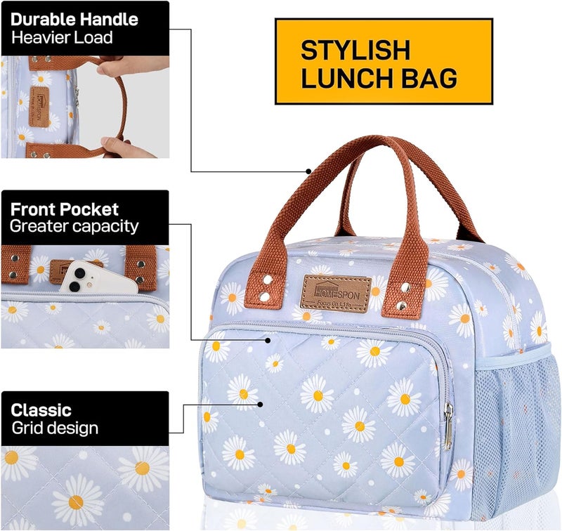 Buringer HOMESPON Lunch Bag for Woman Man Adults with Front Pocket Insulated Lunch Tote Lunch Box Container for Work Picnic or Travel（Blue Daisy） - Image 2